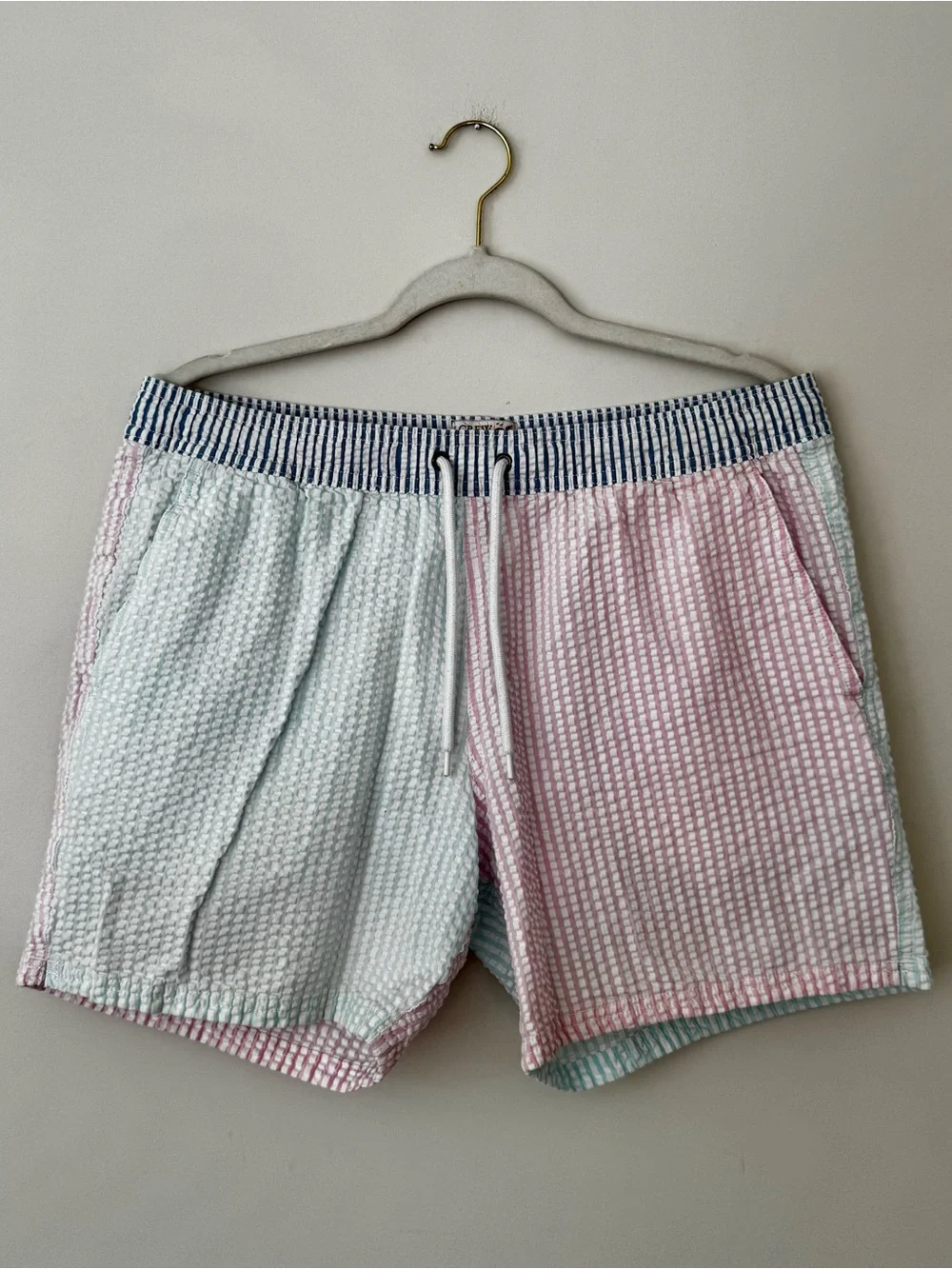 J. Crew Flex Swimwear Lined Swim Trunks, Pastel Seersucker Colorblock – Large